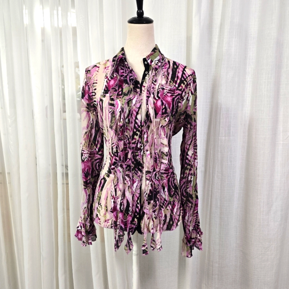 2/$30 Violet & Claire Purple Crinkle Pleated Snap Blouse Size‎ M Ruffles